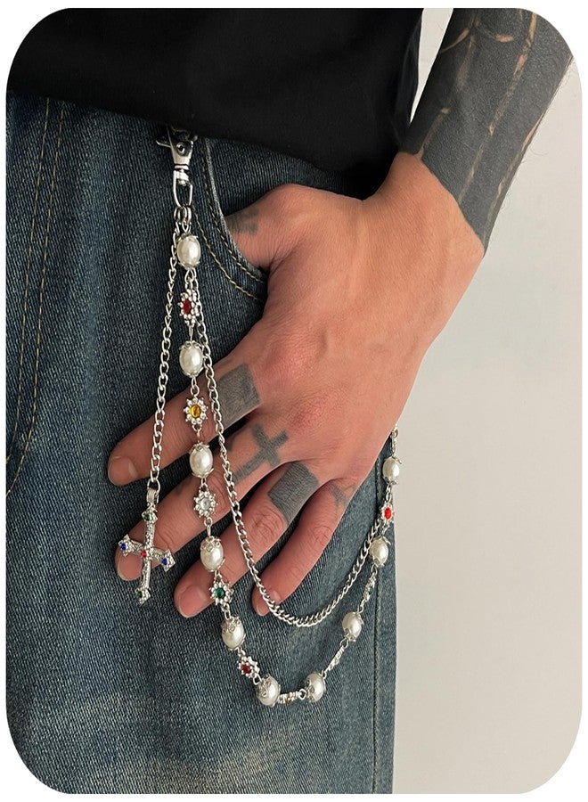 YURAOER Fashion Layered Pants Wallet Chains - Exquisite Gold Silver Rhinestone Flower Pearl Jean Pocket Chain for Women Men Cute Bag Purse Charms Jewelry, Layered Wallet Pants Chains, Metal Faux Pearl - Image 3
