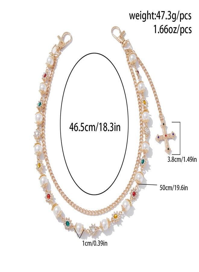 YURAOER Fashion Layered Pants Wallet Chains - Exquisite Gold Silver Rhinestone Flower Pearl Jean Pocket Chain for Women Men Cute Bag Purse Charms Jewelry, Layered Wallet Pants Chains, Metal Faux Pearl - Image 2