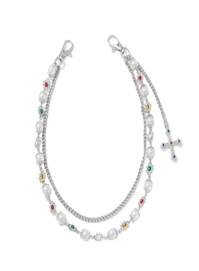 YURAOER Fashion Layered Pants Wallet Chains - Exquisite Gold Silver Rhinestone Flower Pearl Jean Pocket Chain for Women Men Cute Bag Purse Charms Jewelry, Layered Wallet Pants Chains, Metal Faux Pearl - Image 1