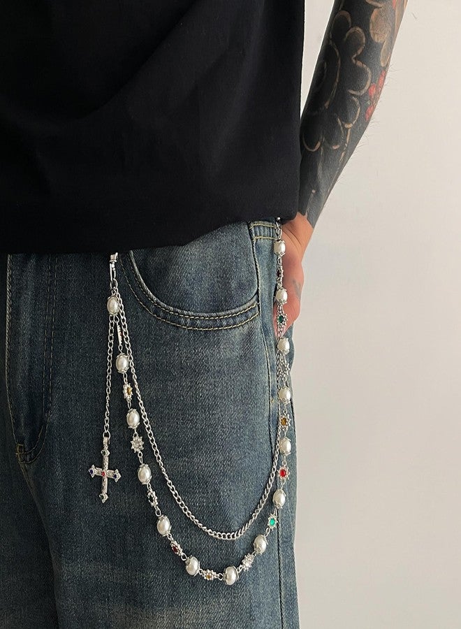 YURAOER Fashion Layered Pants Wallet Chains - Exquisite Gold Silver Rhinestone Flower Pearl Jean Pocket Chain for Women Men Cute Bag Purse Charms Jewelry, Layered Wallet Pants Chains, Metal Faux Pearl - Image 4