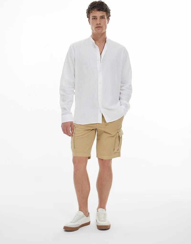 Men's Basic Gabardine Regular Cargo Beige Shorts