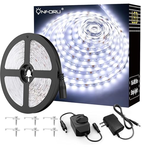 Onforu LED Light Strip,16.4ft Dimmable LED Tape Light, 6000K Daylight White Strip Lighting, 300 LEDs Flexible Vanity Mirror Light, 5M 12V Ribbon Rope Light for Bedroom, Under Cabinet,Kitchen,Christmas - Image 1