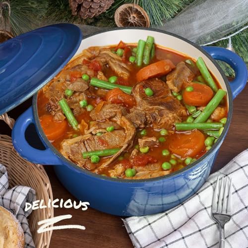 Overmont Enameled Cast Iron Dutch Oven - 5.5QT Pot with Lid Cookbook & Cotton Potholders - Heavy-Duty Cookware for Braising, Stews, Roasting, Bread Baking blue - Image 3