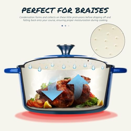 Overmont Enameled Cast Iron Dutch Oven - 5.5QT Pot with Lid Cookbook & Cotton Potholders - Heavy-Duty Cookware for Braising, Stews, Roasting, Bread Baking blue - Image 4