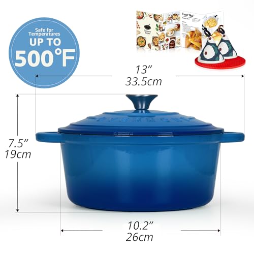 Overmont Enameled Cast Iron Dutch Oven - 5.5QT Pot with Lid Cookbook & Cotton Potholders - Heavy-Duty Cookware for Braising, Stews, Roasting, Bread Baking blue - Image 2
