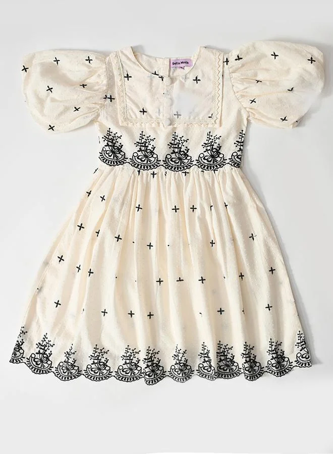 Bella Moda Girls Cream Embroidered Fit and Flare Knee-Length Dress