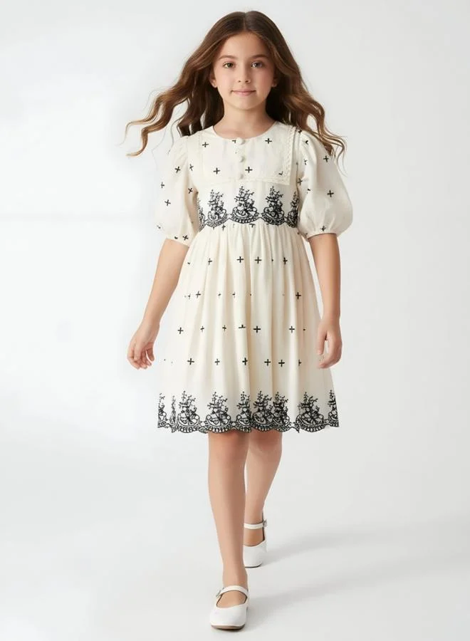 Bella Moda Girls Cream Embroidered Fit and Flare Knee-Length Dress