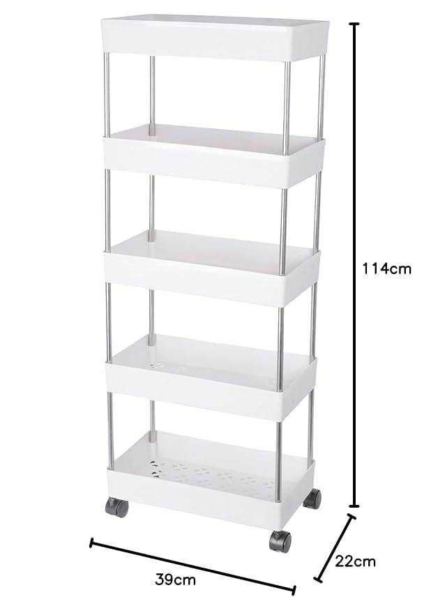 Leaffybezz Made for Amzon 5 Layer Multipurpose Kitchen Trolley with Wheels, Space Saving Home Storage Organizer Rack Vegetable Trolley Rack Stand for Living Room, Bedroom, Office (White) - Image 4