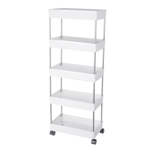Leaffybezz Made for Amzon 5 Layer Multipurpose Kitchen Trolley with Wheels, Space Saving Home Storage Organizer Rack Vegetable Trolley Rack Stand for Living Room, Bedroom, Office (White) - Image 3