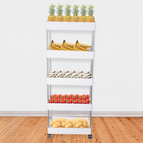 Leaffybezz Made for Amzon 5 Layer Multipurpose Kitchen Trolley with Wheels, Space Saving Home Storage Organizer Rack Vegetable Trolley Rack Stand for Living Room, Bedroom, Office (White) - Image 2