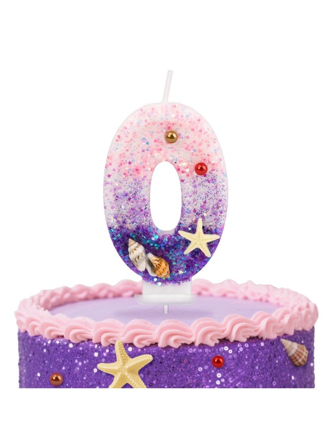 Birthday Candles, Pink and Purple Number 1Candles Decorated with Conchs Starfish and Pearls for Mermaid Theme Party Cake Topper Supplies (Number0) - Image 1