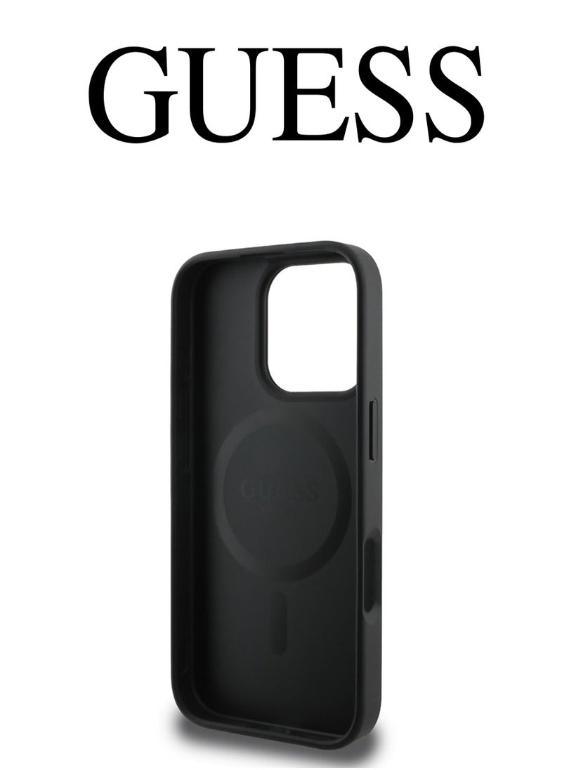 CG MOBILE IPhone 16 Pro cover, supports wireless charging MagSafe, with a logo and a leather design approved by the global brand Guess. From CG-MOBILE. In Black  - Image 4
