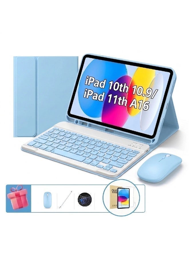 Arabic English Keyboard Case for iPad 11th Generation (A16, 2025) and 10th Generation (2022)​ ， Detachable Bluetooth Keyboard , Stain-Resistant Cover，Portable Lightweight Keyboard Case with Pencil Holder, Combo Set with Desert Keyboard Dust Cover, Tempered Glass Screen Protector， Stylus, Bluetooth Mouse,Blue - Image 1
