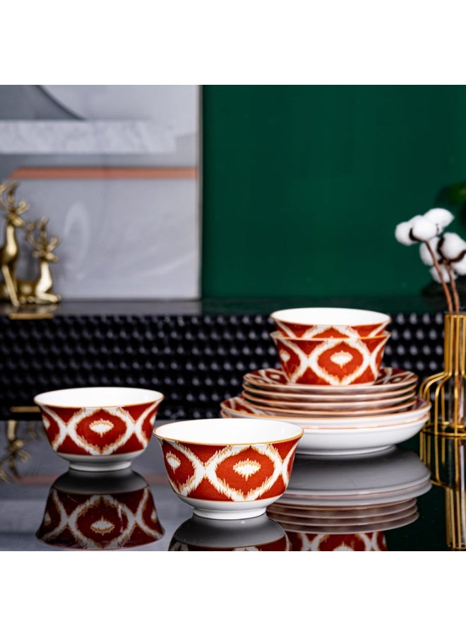 GOLD MANTIS 12-Piece Red and White Pattern Ceramic Dinnerware Set - Includes 4x 10.2-Inch Plates, 4x 8-Inch Plates, 4x 5.5-Inch Bowls | Microwave & Dishwasher Safe | Vibrant Tableware for Elegant Dining - Image 2