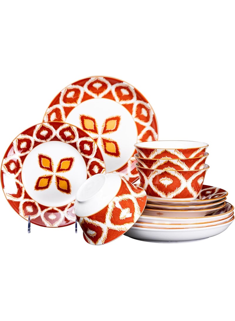 GOLD MANTIS 12-Piece Red and White Pattern Ceramic Dinnerware Set - Includes 4x 10.2-Inch Plates, 4x 8-Inch Plates, 4x 5.5-Inch Bowls | Microwave & Dishwasher Safe | Vibrant Tableware for Elegant Dining - Image 1