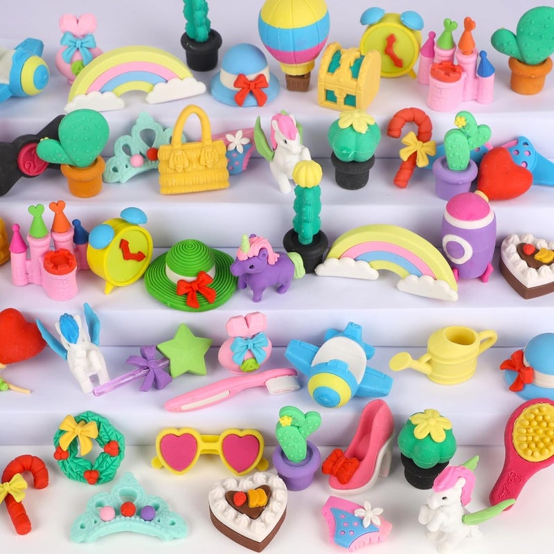 Cllayees 72 Pcs Erasers for Kids, Mini Pencil Eraser Bulk Classroom Prizes, Fun Puzzle Erasers for Girl Preschool Elementary Student, Back to School Supplies - Image 1