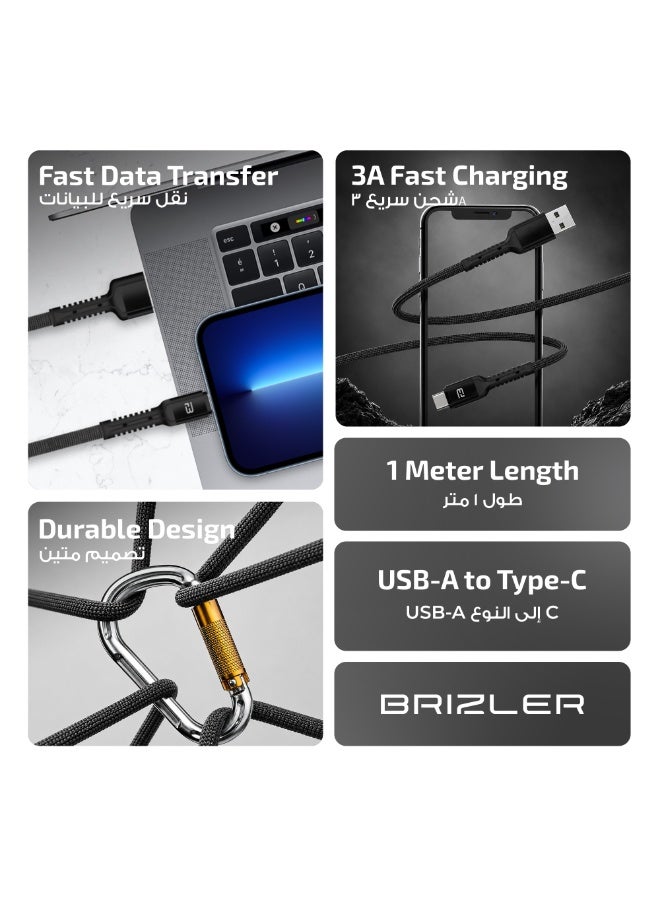 BRIZLER USB-A to Type-C Fast Charging and Sync Cable (3A, 1M, BZ-CA847) – Tangle-Free Durable Charger Data Cord for Android Smartphones & Tablets, Black - Image 2