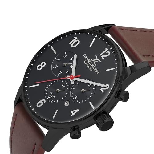 Daniel Klein Analog Black Round Dial Black Case Brown Leather Strap Chronograph Water-Resistant Wrist Watch for Men Boys DK11832-4 - Image 3