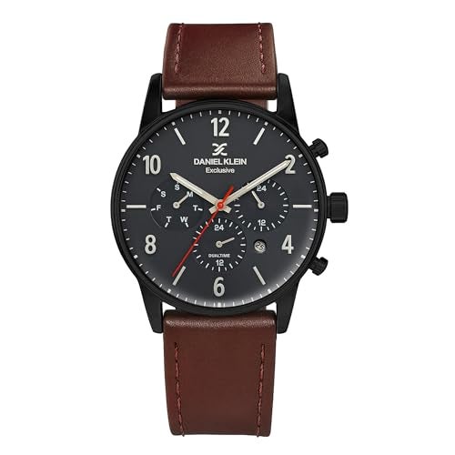 Daniel Klein Analog Black Round Dial Black Case Brown Leather Strap Chronograph Water-Resistant Wrist Watch for Men Boys DK11832-4 - Image 1