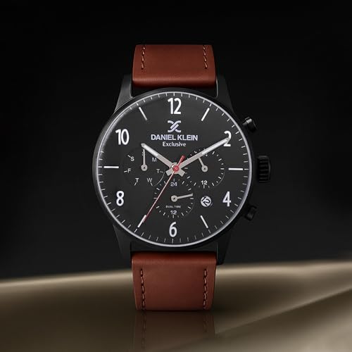 Daniel Klein Analog Black Round Dial Black Case Brown Leather Strap Chronograph Water-Resistant Wrist Watch for Men Boys DK11832-4 - Image 2