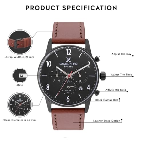 Daniel Klein Analog Black Round Dial Black Case Brown Leather Strap Chronograph Water-Resistant Wrist Watch for Men Boys DK11832-4 - Image 5