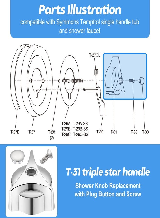 Dreyoo Shower Faucet Handle Replacement for T-31, Compatible with Symmons/Temptrol Tub and Shower Faucets, Shower Knob Replacement Single Handle with Screw and Plug Button, Metal, Chrome Plated - Image 4