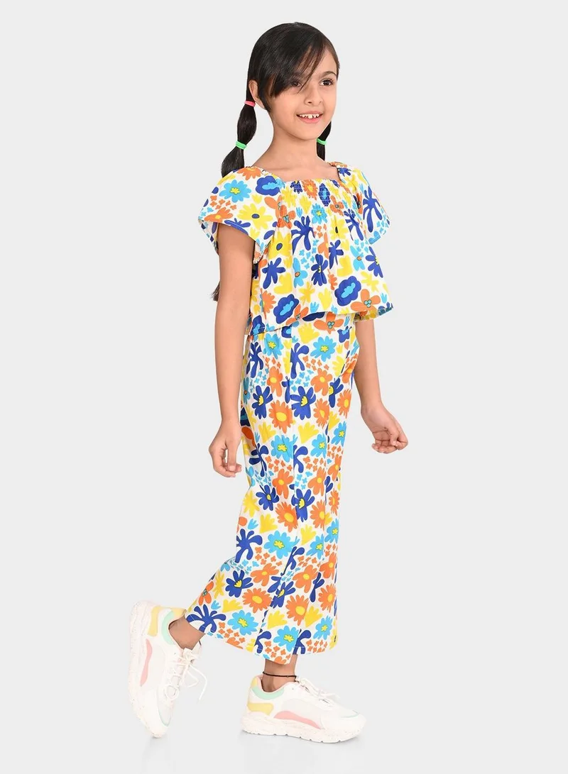 Bonkids Regular Fit Printed Multicolour Cotton Sets For Girls Round Neck Flat Collar Pull On 100 % Cotton