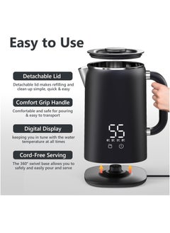 XVersion 1.7L Electric Kettles,Smart Water Boiler Kettle with Touch Screen,Digital Display,5 Temp Settings,Dual Wall Anti-Scald,Rapid Boil,Auto Shut-Off for Tea/Coffee/Milk - black  - Image 4