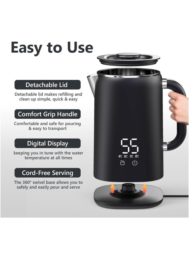 XVersion - Kettle Stainless Steel 1.7 Litres, Small Kettle with Temperature Setting 40°C - 100 °C, Automatic Shut-Off, Boil Dry Protection, Overheating Protection, 1500 W, Black - Image 1