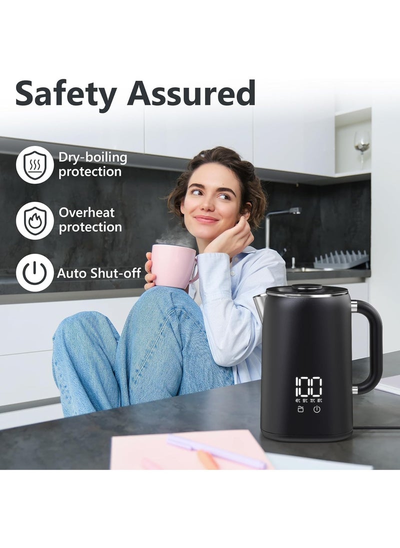 XVersion - Kettle Stainless Steel 1.7 Litres, Small Kettle with Temperature Setting 40°C - 100 °C, Automatic Shut-Off, Boil Dry Protection, Overheating Protection, 1500 W, Black - Image 1
