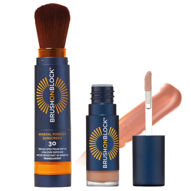 Brush On Block Full Face Sun Protection Kit, Translucent Mineral Powdered Sunscreen & Protective Lip Oil SPF 30, Reef Friendly, FSA HSA Eligible - Image 1