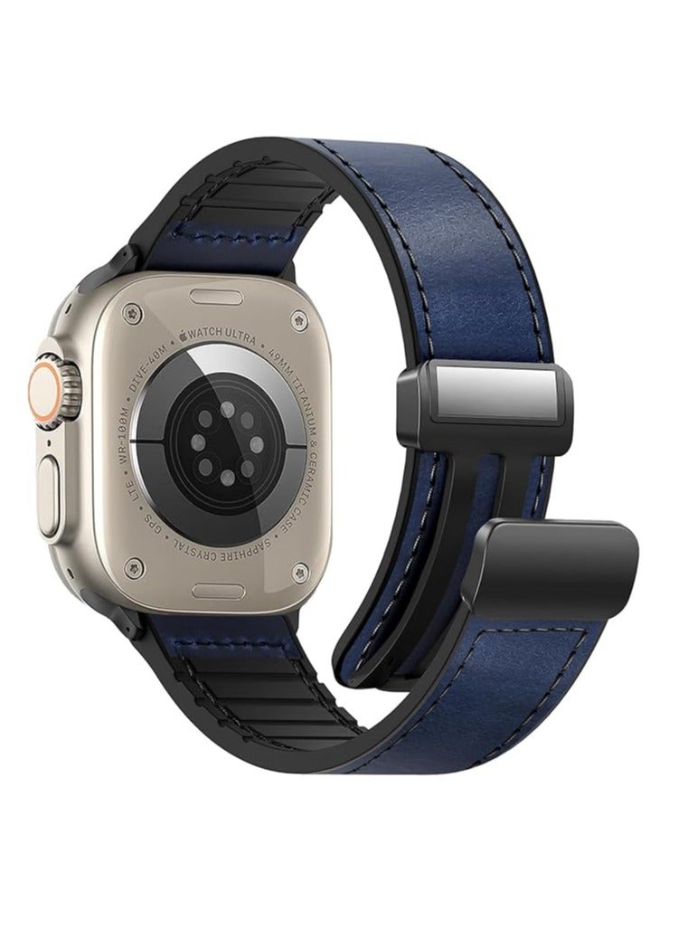 DUSALA Magnetic Leather Watch Band for Apple Watch Ultra 49mm/45mm/44mm/42mm  Magnetic Buckle Genuine Leather Strap for Apple Watch Series Blue - Image 1