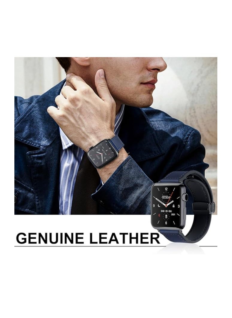 DUSALA Magnetic Leather Watch Band for Apple Watch Ultra 49mm/45mm/44mm/42mm  Magnetic Buckle Genuine Leather Strap for Apple Watch Series Blue - Image 2