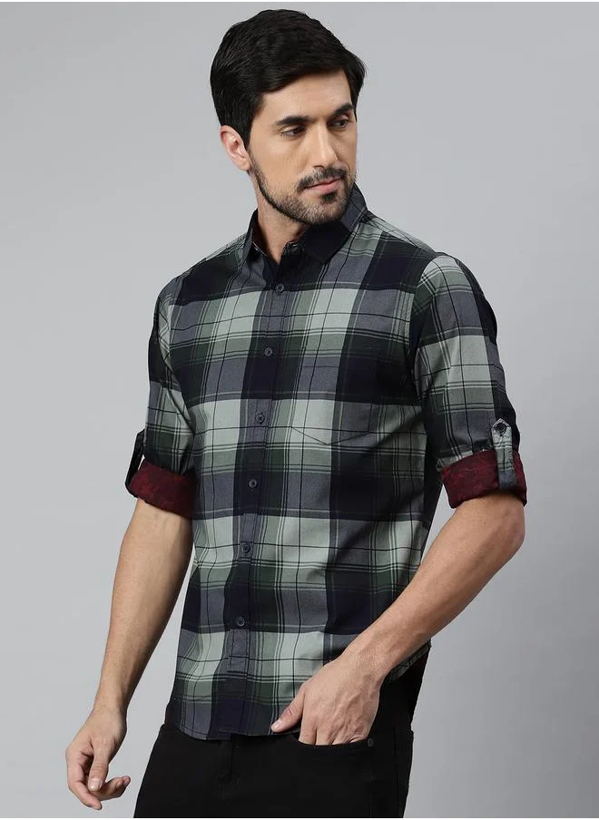 دينيس لينغو Olive Slim Fit Casual Spread Shirt - 100% Cotton