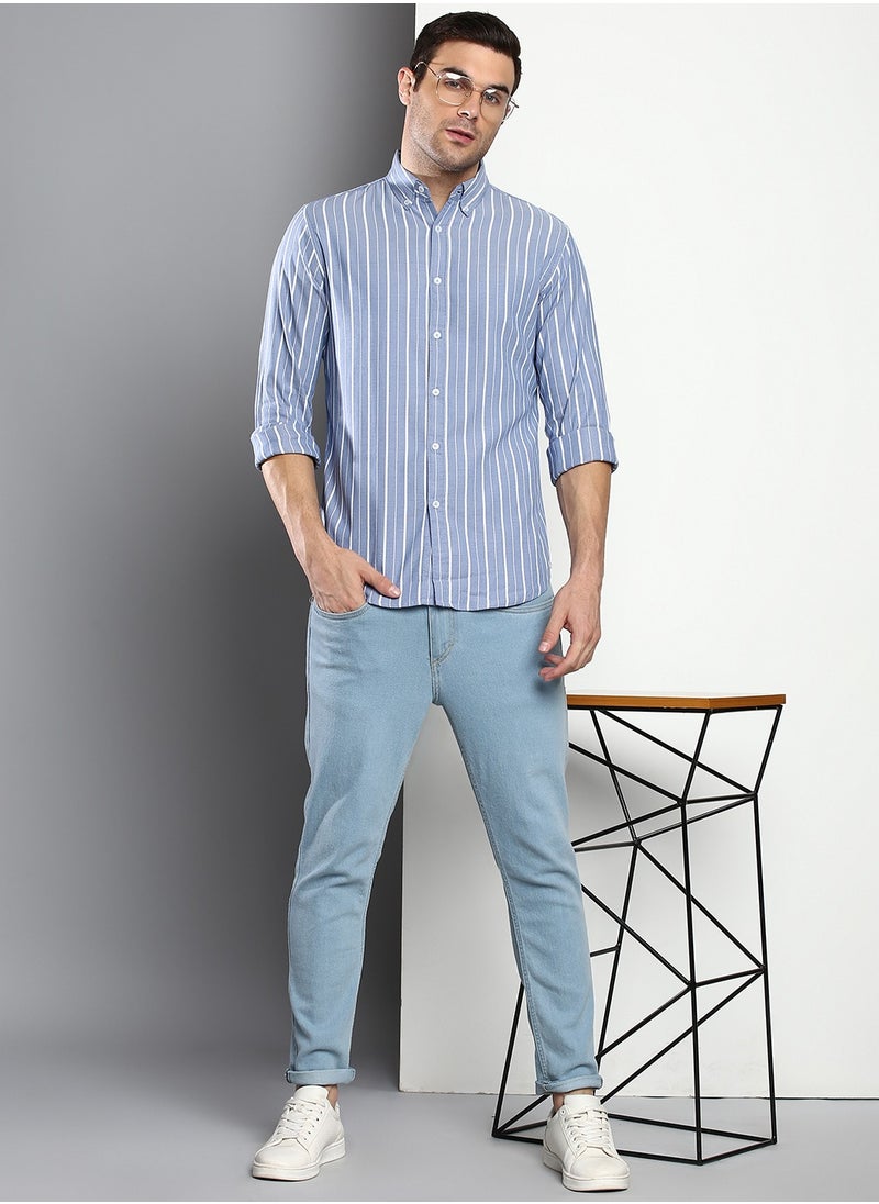 Dennis Lingo - Slim Fit Blue Men's Striped Shirt, Button Down Collar, Full Sleeves, 100% Cotton, - Image 1