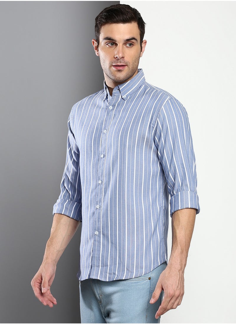 Dennis Lingo - Slim Fit Blue Men's Striped Shirt, Button Down Collar, Full Sleeves, 100% Cotton, - Image 1