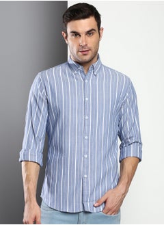 Slim Fit Blue Men's Striped Shirt, Button Down Collar, Full Sleeves, 100% Cotton,