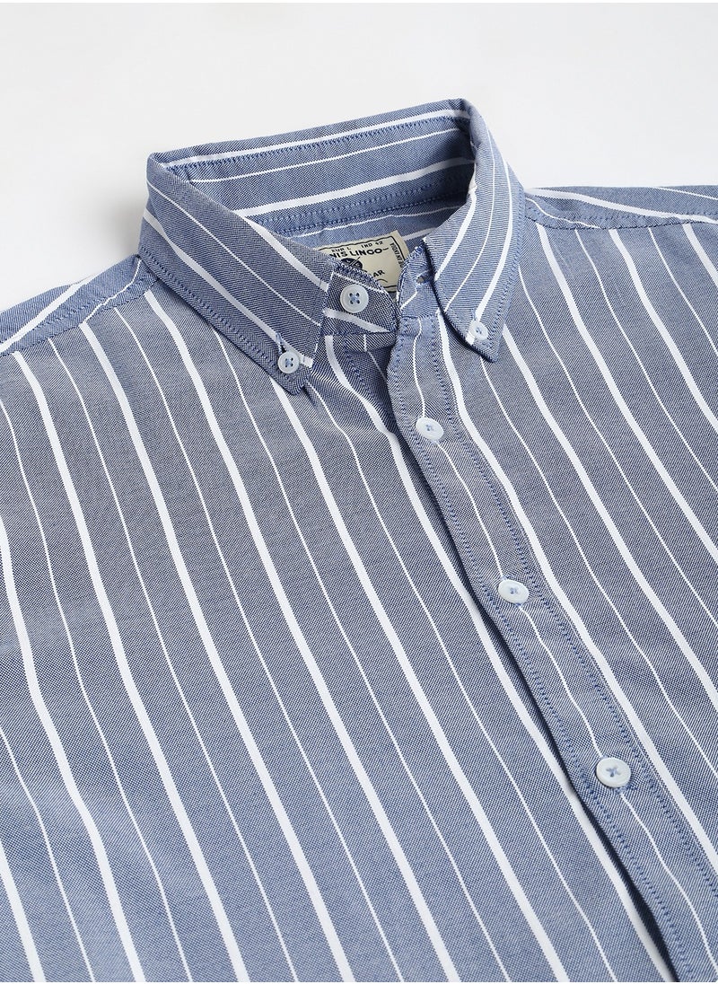 Dennis Lingo - Slim Fit Blue Men's Striped Shirt, Button Down Collar, Full Sleeves, 100% Cotton, - Image 1