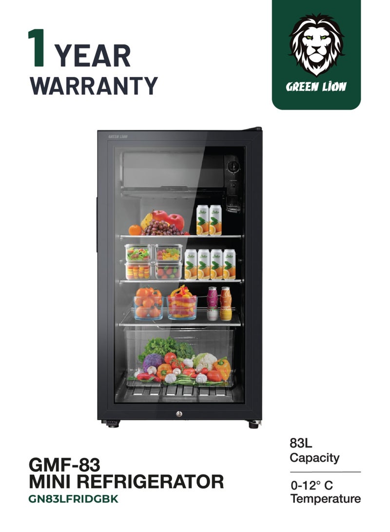 GREEN LION GMF-83 Mini Refrigerator 83L / Compact Fast Cooling fridge & Freezer / R600a refrigerant fridge / Low Noise / Glass Door Child Lock, Best For Home, Office, Bedroom, Cafe- Black - Image 1