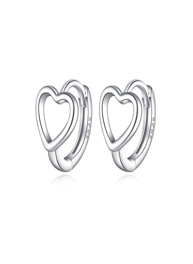 Reffeer Solid 925 Sterling Silver Love Heart Hoop Earrings Huggie for Women Teen Girls Heart Hoop Earrings Love Huggie (A-Silver) - Image 1