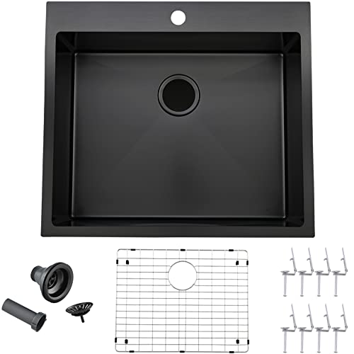 VALISY 25 x 22 Inch Black Kitchen Sink, Topmount Drop In Stainless Steel Single Bowl Kitchen Sink, 16 Gauge Extra-Thick Modern Bar Prep RV Laundry Sinks with Dish Grid and Basket Strainer - Image 1