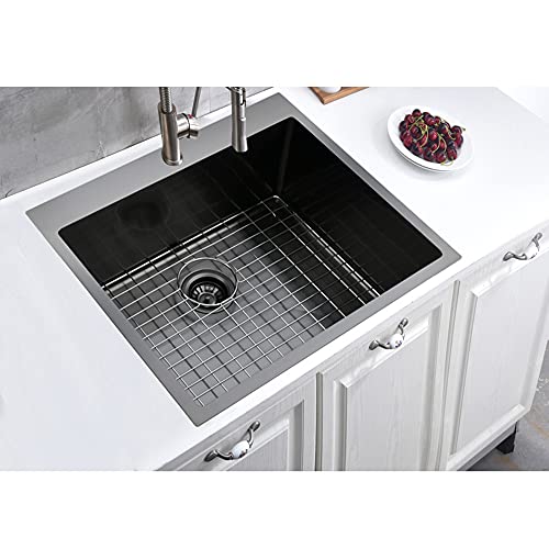 VALISY 25 x 22 Inch Black Kitchen Sink, Topmount Drop In Stainless Steel Single Bowl Kitchen Sink, 16 Gauge Extra-Thick Modern Bar Prep RV Laundry Sinks with Dish Grid and Basket Strainer - Image 2