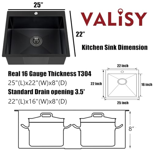 VALISY 25 x 22 Inch Black Kitchen Sink, Topmount Drop In Stainless Steel Single Bowl Kitchen Sink, 16 Gauge Extra-Thick Modern Bar Prep RV Laundry Sinks with Dish Grid and Basket Strainer - Image 3