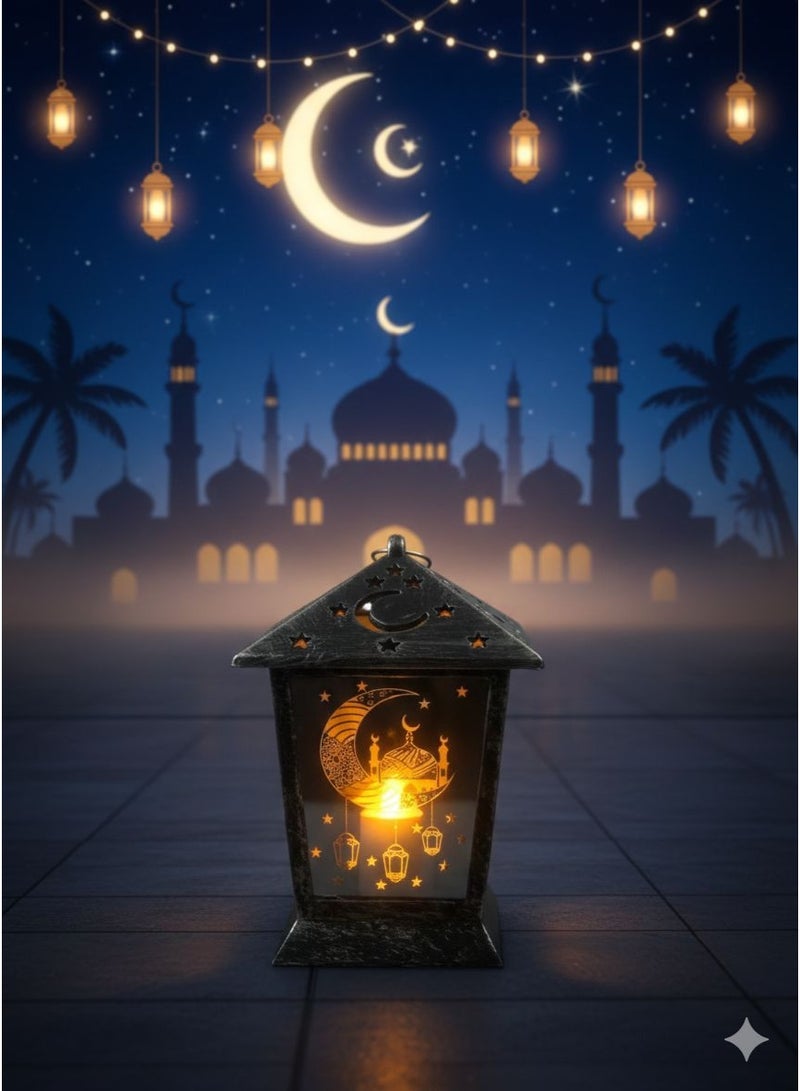 فانوس رمضان المضئ بعليقه  الفانوس سيلفر المزخرف ديكور فاخر للاحتفال مقاس 13*9 سم - Image 1