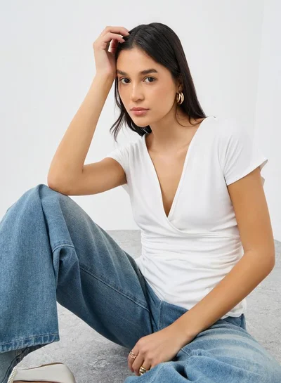 Styli Short Sleeve V Neck Knit Wrap Top