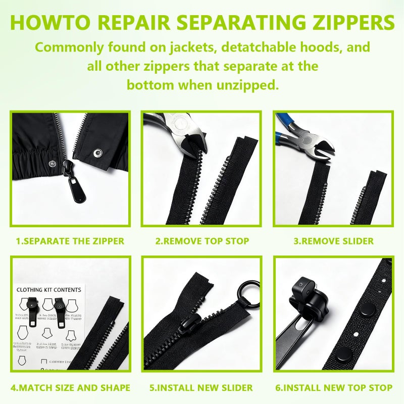 Pretwad 24 PCS Universal Zipper Repair Kit - 4 Size Double-Sided Zipper Sliders with Zippers Pull, Black Zippers Fix Repair Replacement Kit for Backpack, Jackets, Coats, Tents, Luggage, Bags - Image 3
