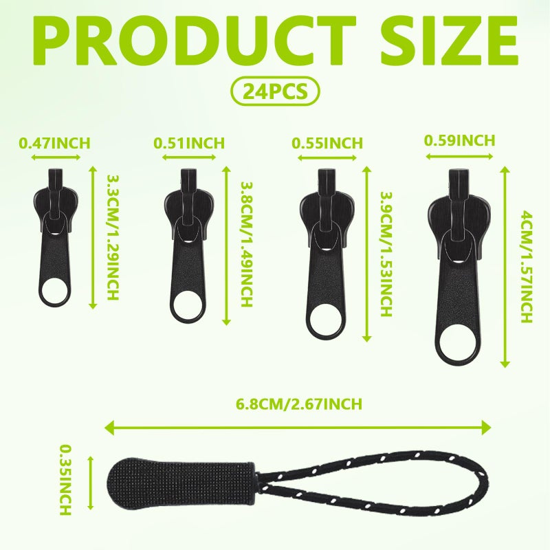 Pretwad 24 PCS Universal Zipper Repair Kit - 4 Size Double-Sided Zipper Sliders with Zippers Pull, Black Zippers Fix Repair Replacement Kit for Backpack, Jackets, Coats, Tents, Luggage, Bags - Image 2