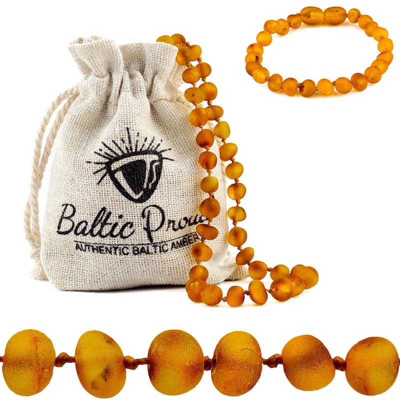 Baltic Proud Raw Amber Necklace and Bracelet Gift Set (Unisex Honey Raw 12.5 Inches/5.5 Inches) - Certified Premium Quality Raw Baltic Sea Amber - Image 1