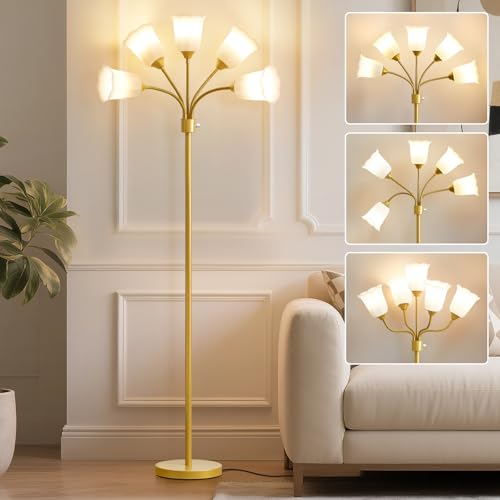GyroVu Medusa Floor Lamp, Multi Head Modern Tall Lamp with Adjustable Gooseneck Standing Gold Lamps for Living Room Kids Room&Bedroom-5 White Lampshades-Bulb Not Included - Image 1