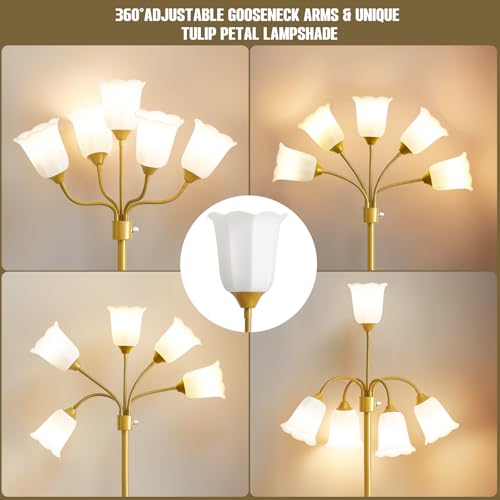 GyroVu Medusa Floor Lamp, Multi Head Modern Tall Lamp with Adjustable Gooseneck Standing Gold Lamps for Living Room Kids Room&Bedroom-5 White Lampshades-Bulb Not Included - Image 4